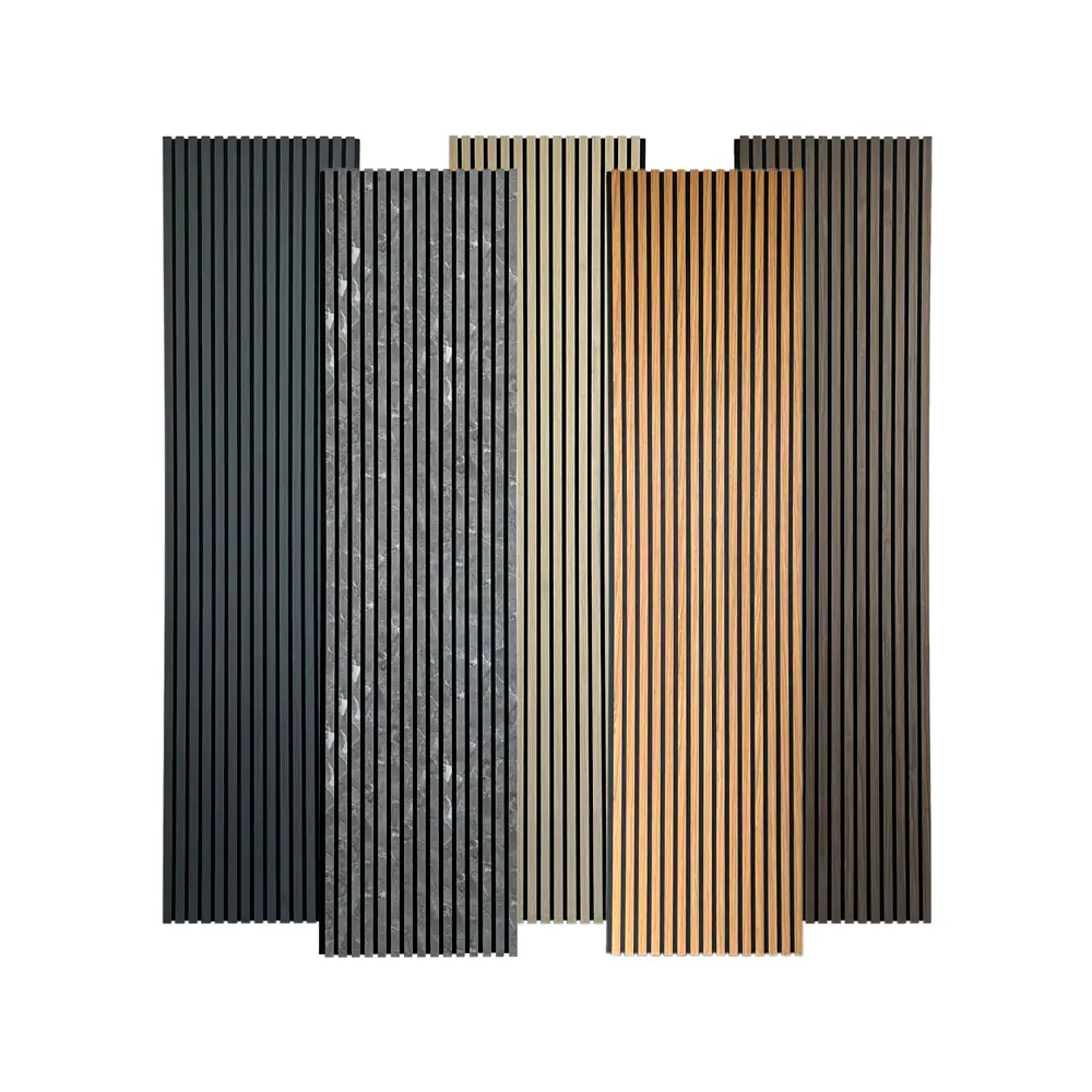 Natural Wood PVC Veneer Acoustic Panels MDF Slat Wall Soundproof with LED Strip 1