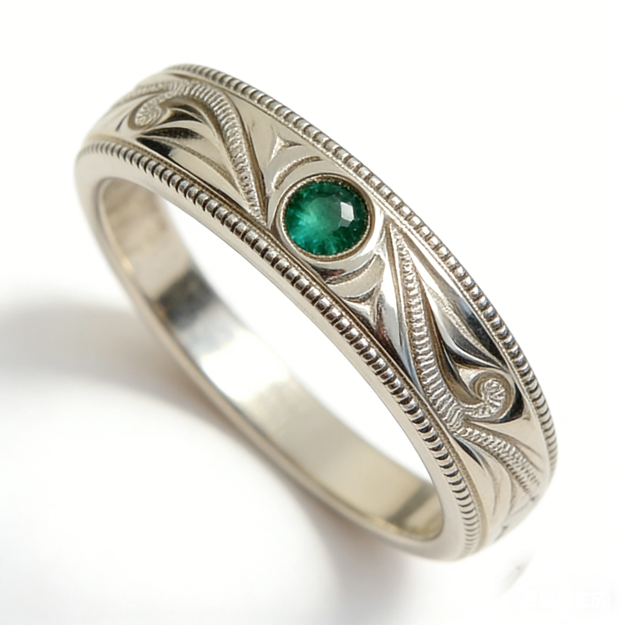 Hand Engraved Millgrain Edge Emerald 9k Gold Ring Round Green Emerald Solitaire Wedding Band For Couple 1