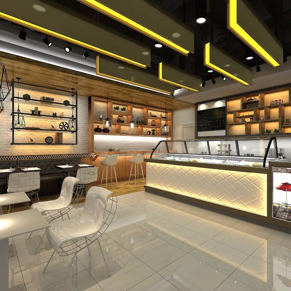 تصميم داخلي ثلاثي الأبعاد لأثاث مقهى في مركز تسوق 1