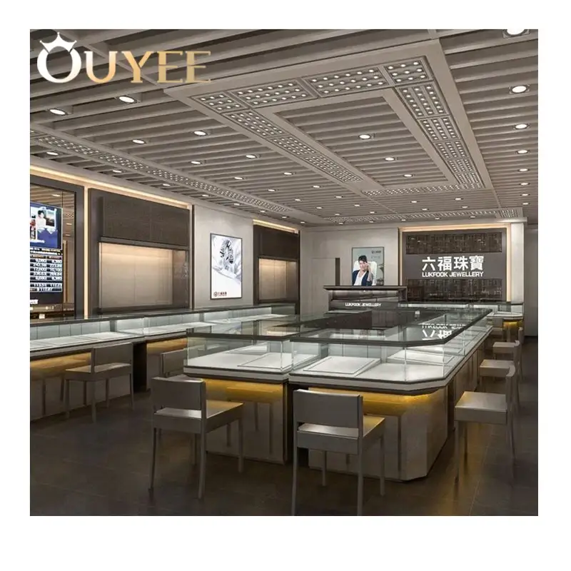 Rendering 3D di una vetrina per gioielli e allestimento di un negozio di gioielli. 1