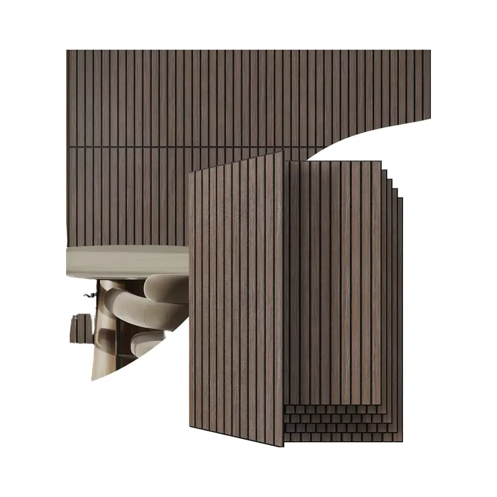 適用於家庭辦公室和工作室的深胡桃木色吸音牆板 1