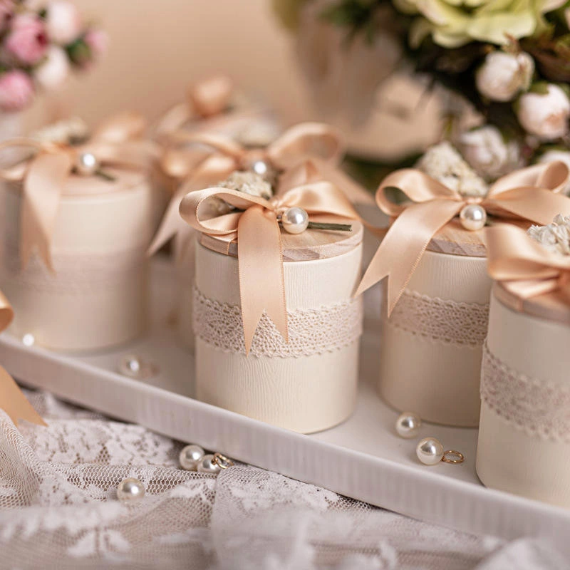 Custom Triangular Wedding Candy Box with Ribbon Pearl Decoration Packaging 1