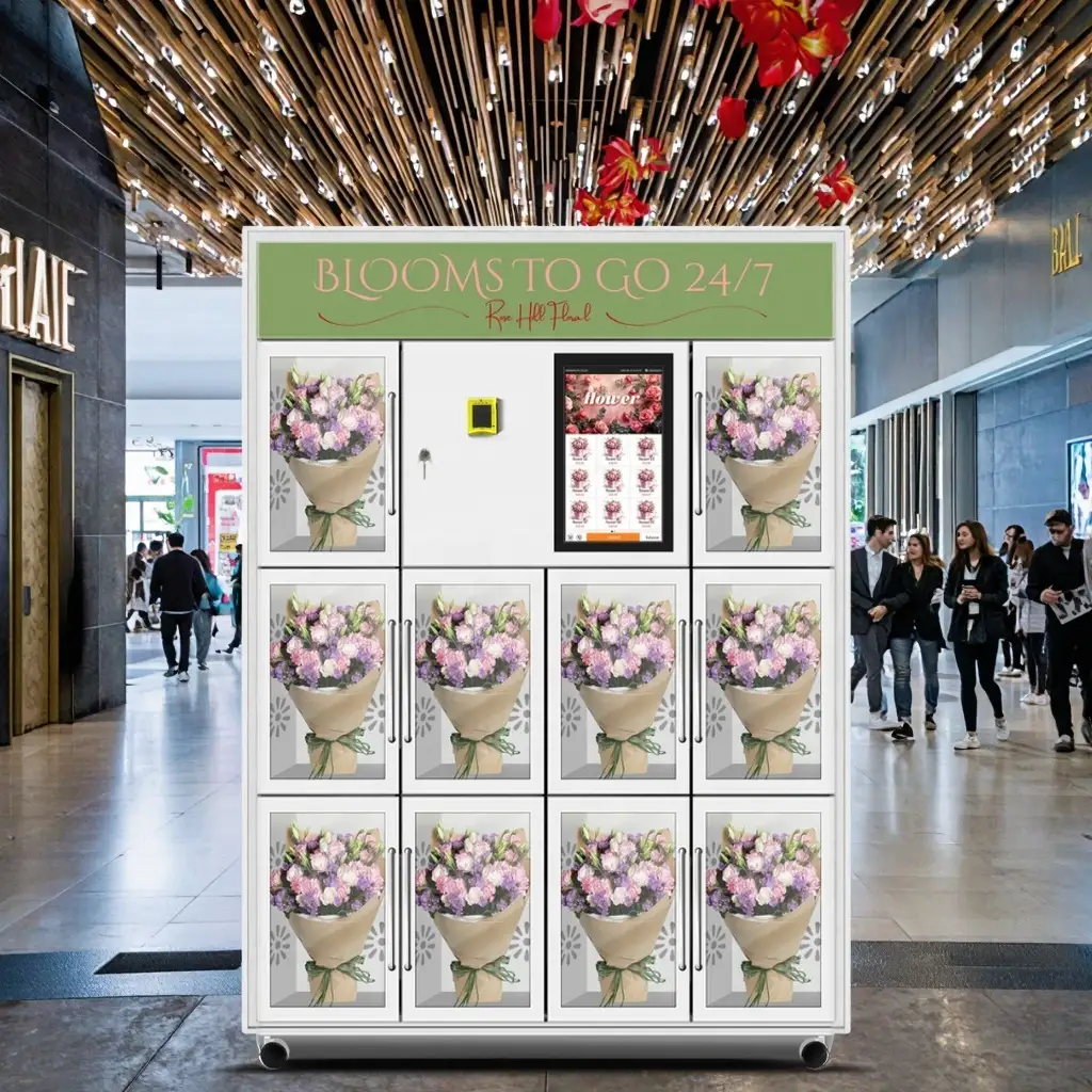 آلة بيع الزهور من مصنع هالو، مبرد هدايا، 10 خزائن، آلة بيضاء تدعم شعارًا مخصصًا مع قارئ بطاقات، دفع نقدي 1