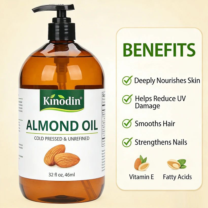 Kinodin Organic Almond Oil 32 Fl Oz 100% Pure Cold Pressed Glass Bottle For Hair Face Body & Nails Moisturizer & Diy Massage 1