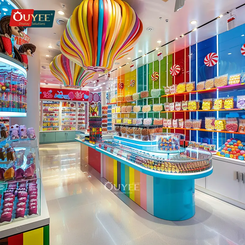 Süßigkeitentheke aus Holz mit Glasabdeckung - Wandregal für Snacks 1