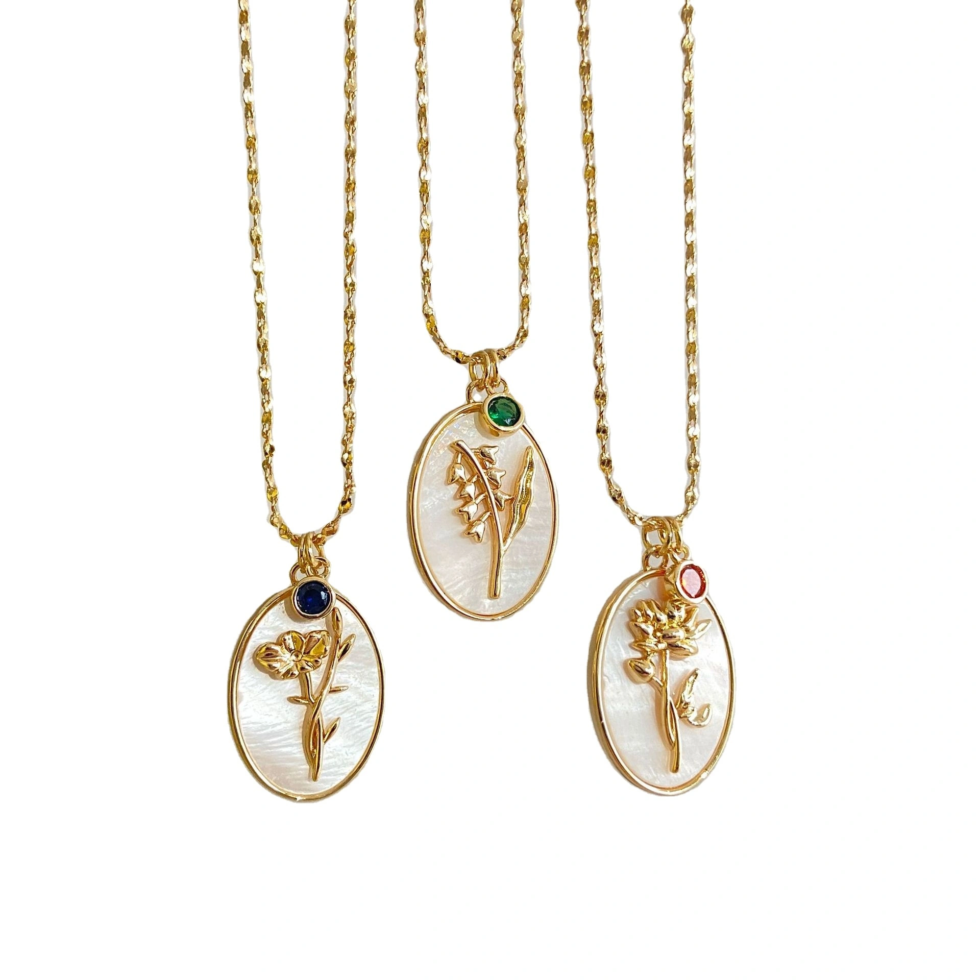 Wholesale Brass Gold-plated 3d Oval Shell Embossed Luxurious 12-birth Stone Moon Peanut Day Necklace 1