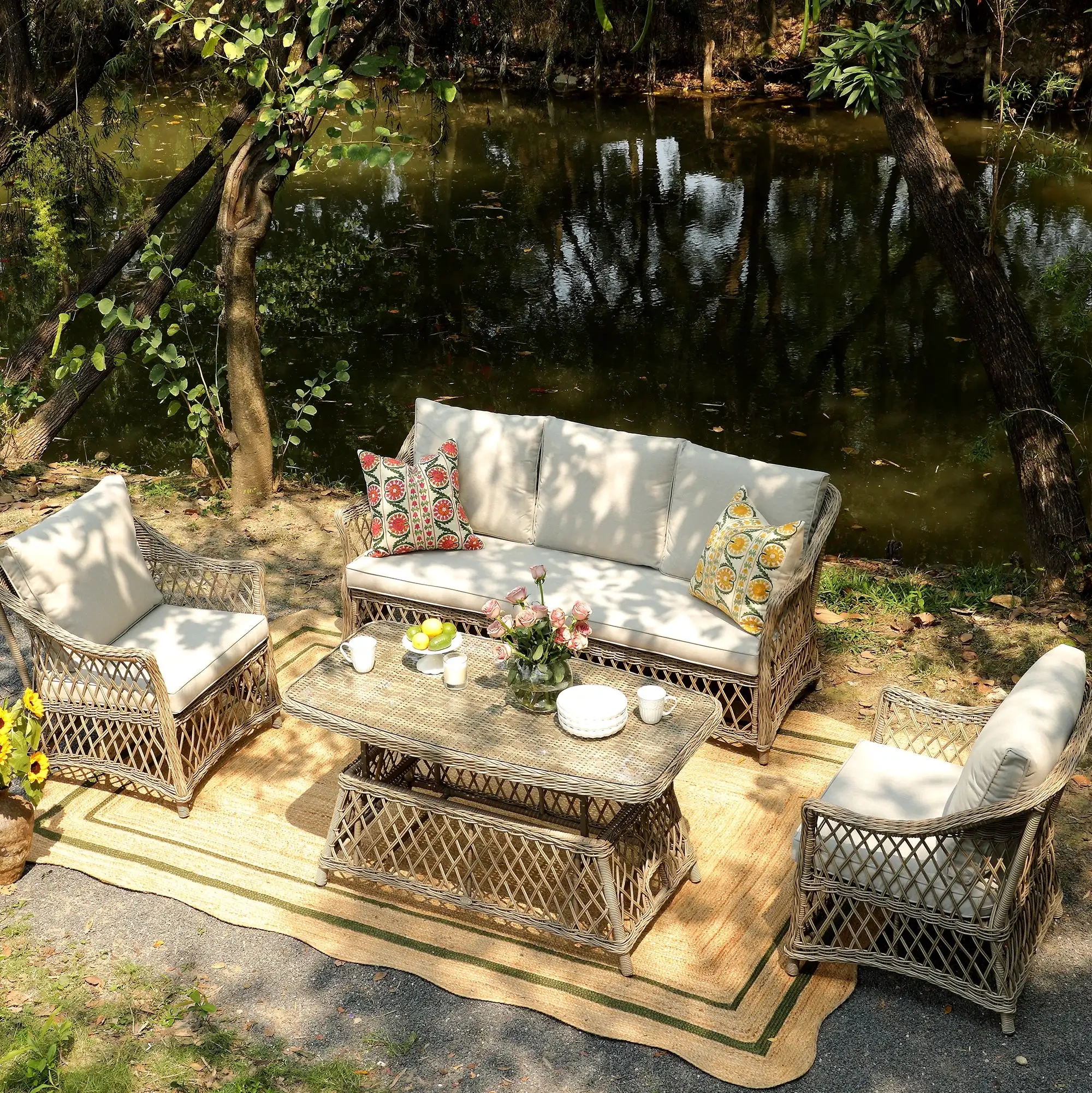 Waterproof Patio Seating Group With Hight Adjustable Dining Table Wicker Large Armchair Garden Furniture Rattan Outdoor Sofa Set 1