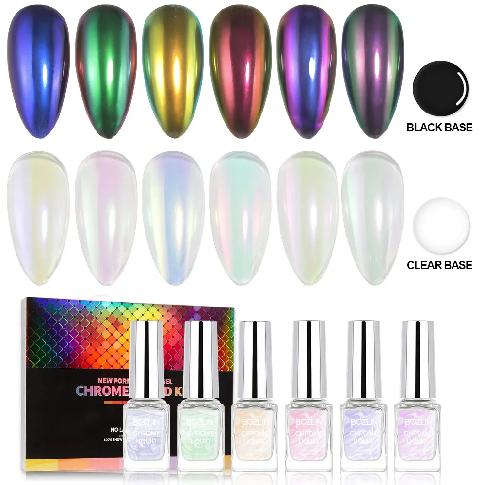 BOZLIN 5ml 6-Color Aurora Mirror Metallic Chrome Liquid Nail Polish Kit 1