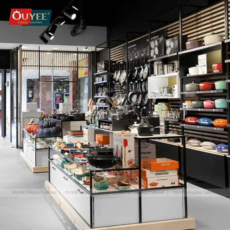Expositor de parede modular para utensílios de cozinha, prateleiras metálicas para loja. 1