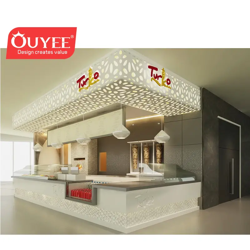 Quiosque de shopping com armário de madeira e porta de vidro para exibição de fast food em 3D Max 1