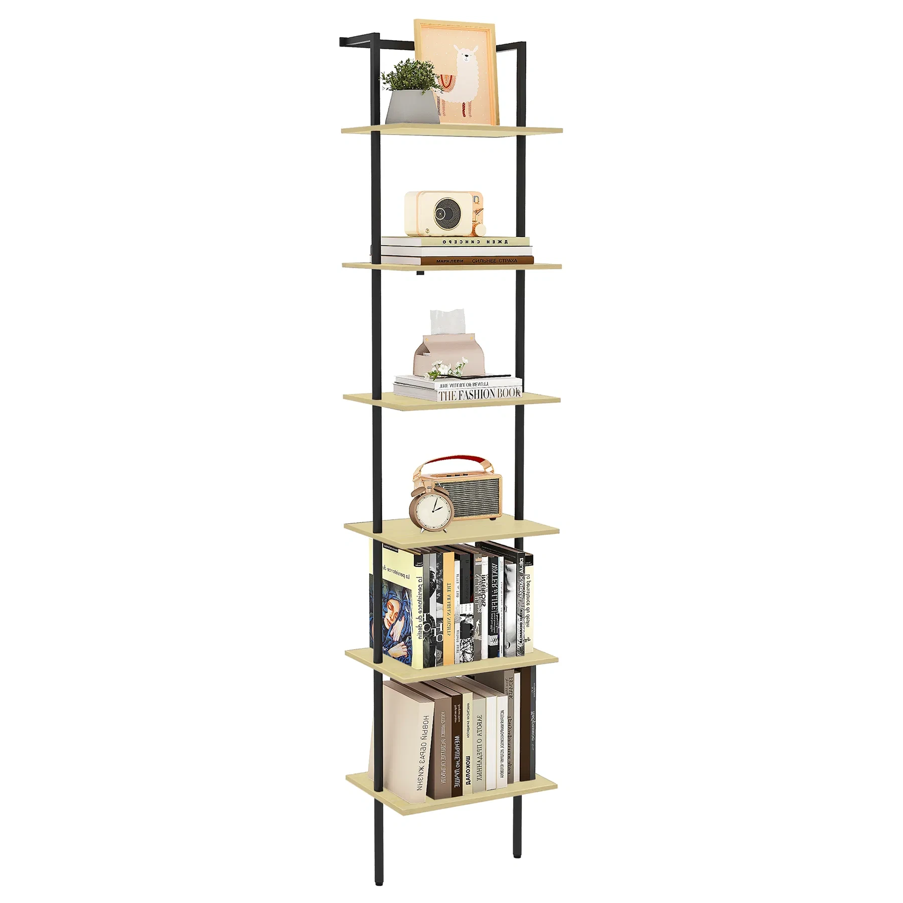 6 Tier Wall Mounted Metal Wood Ladder Bookcase Open Storage Rack for Home Office Living Room 1