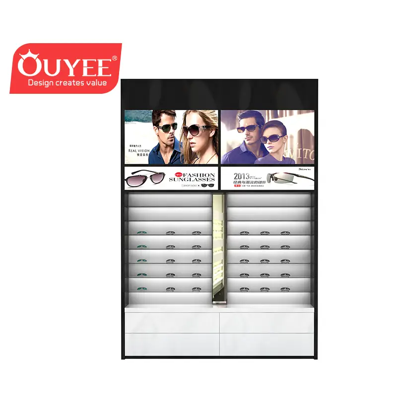 رف عرض نظارات شمسية خشبي مثبت على الحائط لمحلات النظارات 1