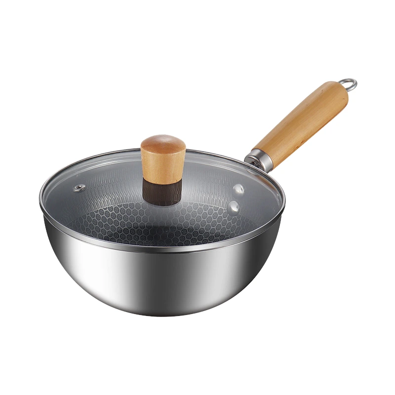 Modern 316 Three-layer Steel Wok 20cm Eco-friendly Small Frying Pot Wooden Handle Honeycomb Non-stick Anti-scald Lid For Milk 1