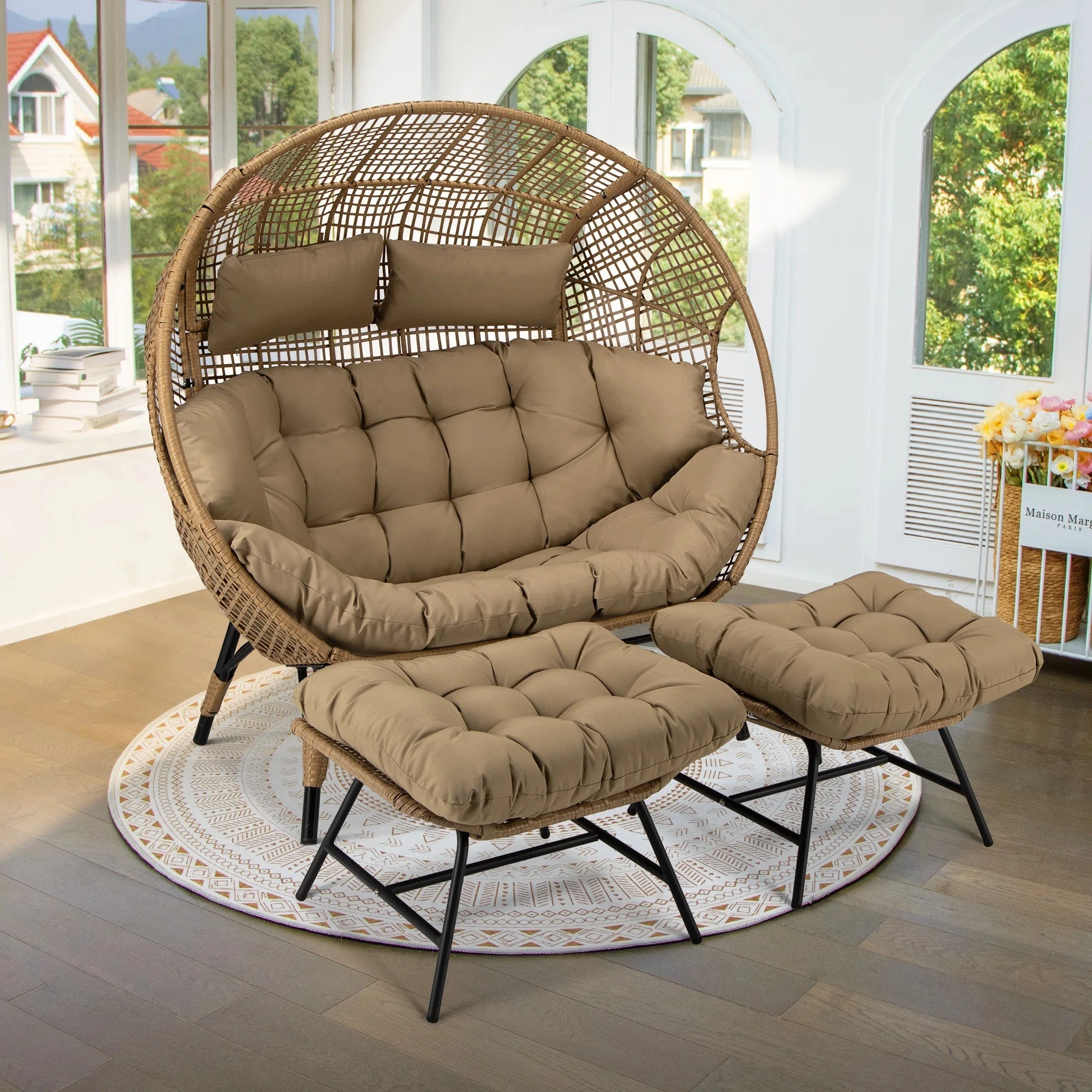 Outdoor Lounge Chair With Ottoman Terrace Furniture Deep Seat Oversize Rattan Patio Chair Wicker Double Seat Garden Egg Chair 1
