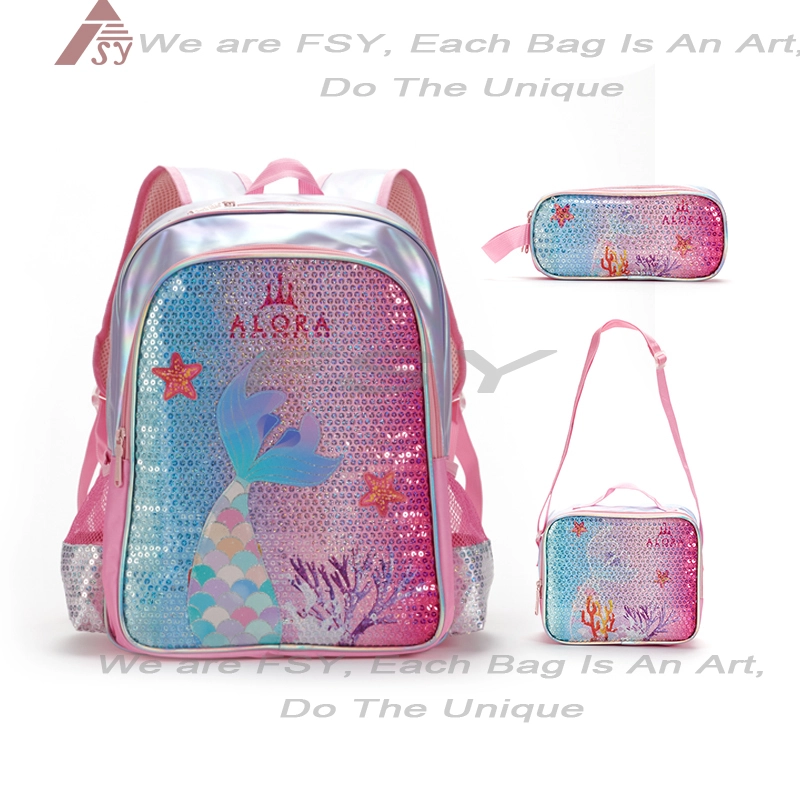 Custom Women's Pink Sequins Mermaid Three-piece Set Of School Bags For Girls Children's Backpack 3 Pieces For Kids 1