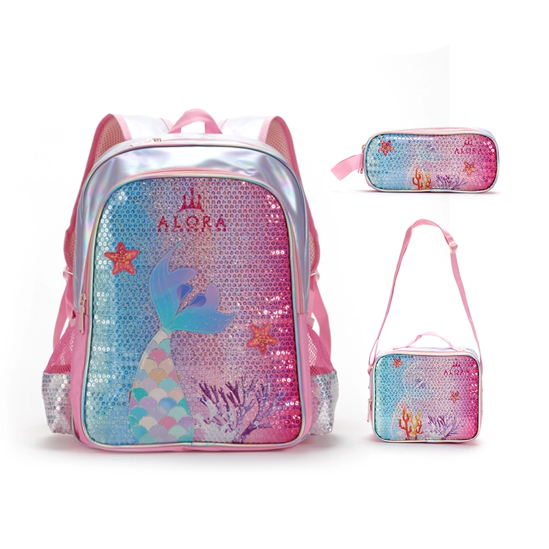 Custom Women's Pink Sequins Mermaid Three-piece Set Of School Bags For Girls Children's Backpack 3 Pieces For Kids 1