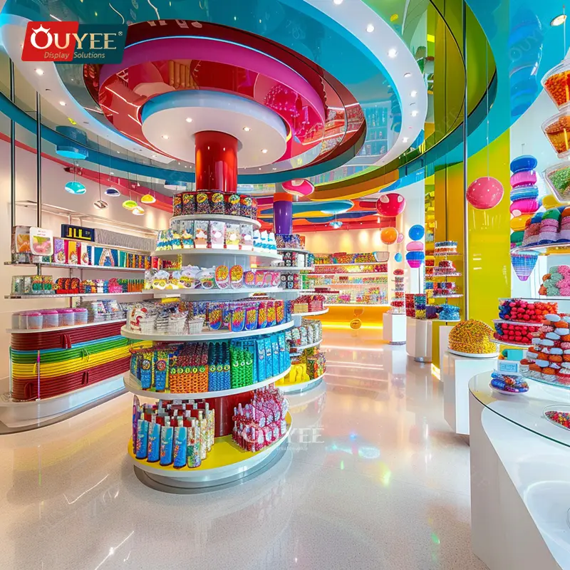 Fabbrica di cioccolato con design 3D e mensole a colonna espositive a parete per caramelle 1