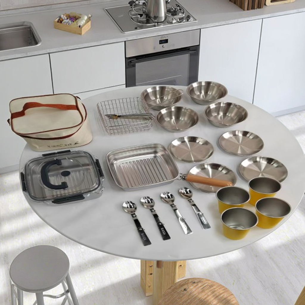 Portable Stainless Steel Outdoor Camping Bbq Cookware Tableware Set Modern Design With Waterproof Bag Pack For Sustainable Use 1