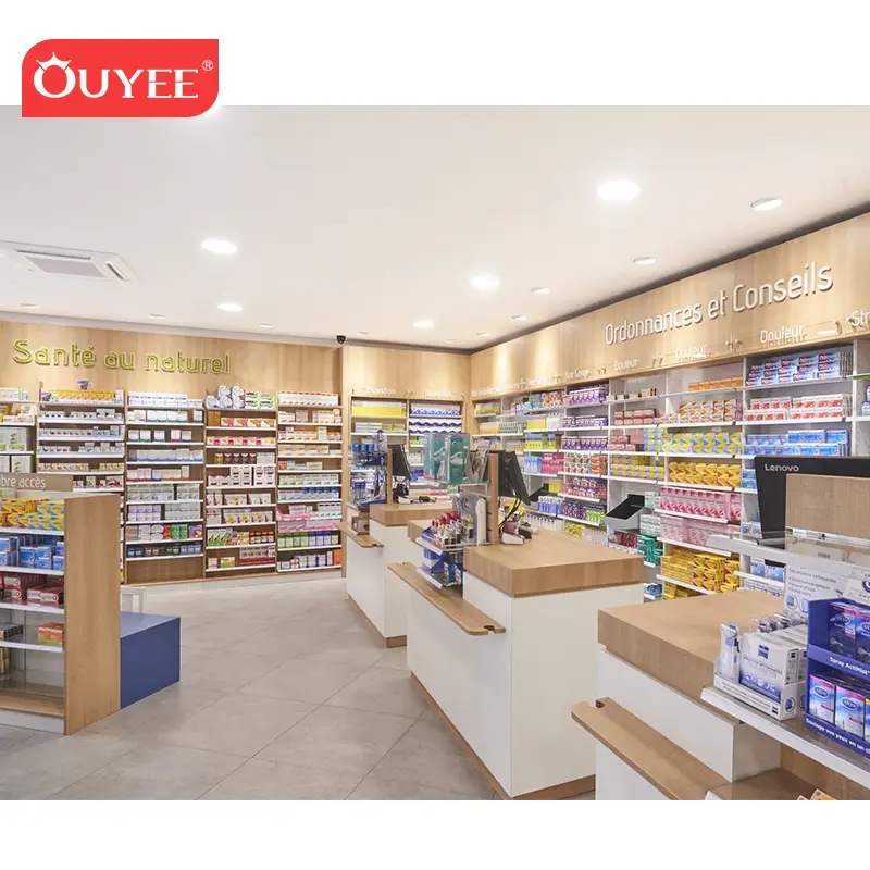 Bancone espositivo per farmacia con sistema a cassetti per la vendita al dettaglio di prodotti medicali. 1