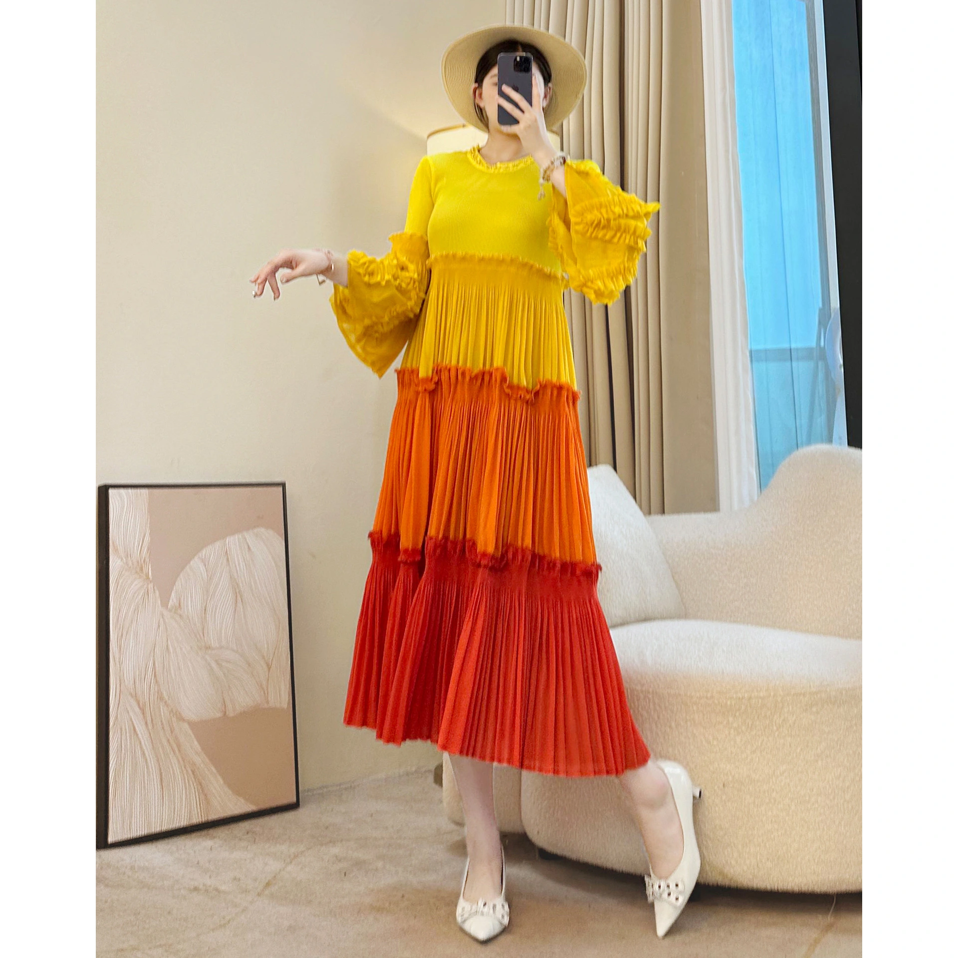 Autumn Winter Gradient Pleated Dress Ruffled Sleeve Long Loose Slim Dress Wholesale 1