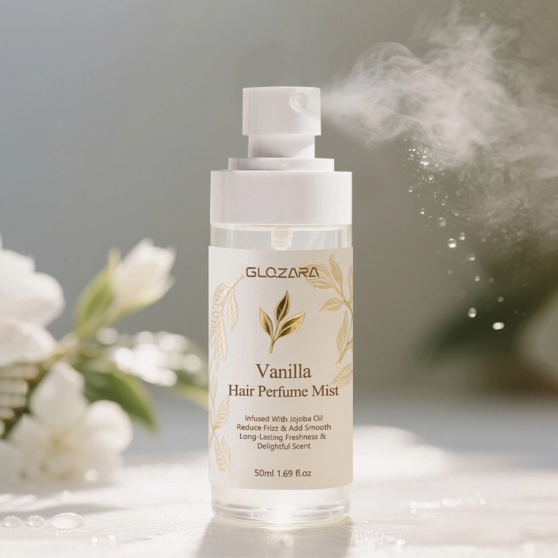 Perfume capilar de marca privada, control del frizz, aumento del brillo, fragancia en aerosol de vainilla. 1