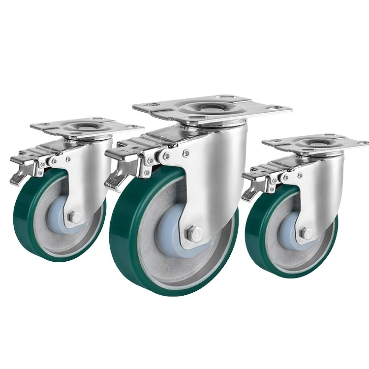 Economic Style Medium Duty Tool And Hardware 5 Inch Green Pu Steel Core Double Bearing Swivel Caster Wheels For Dolly Cart 1