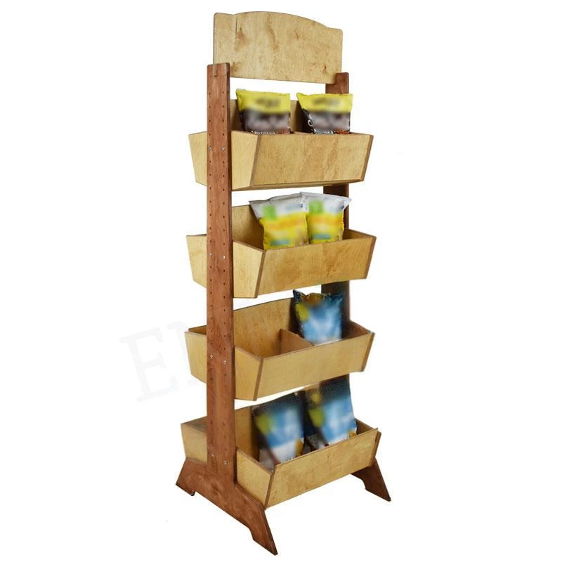 Espositore bifacciale in legno a 4 scomparti con altezza regolabile dei ripiani 1