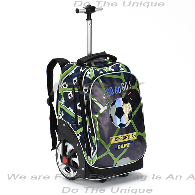 BAG factory  Pvc Leather Uv Print With Soccer Pattern School Bag Big Wheels Kids Polyester Transfer Printing Trolley Bags Backpack For Travel 1