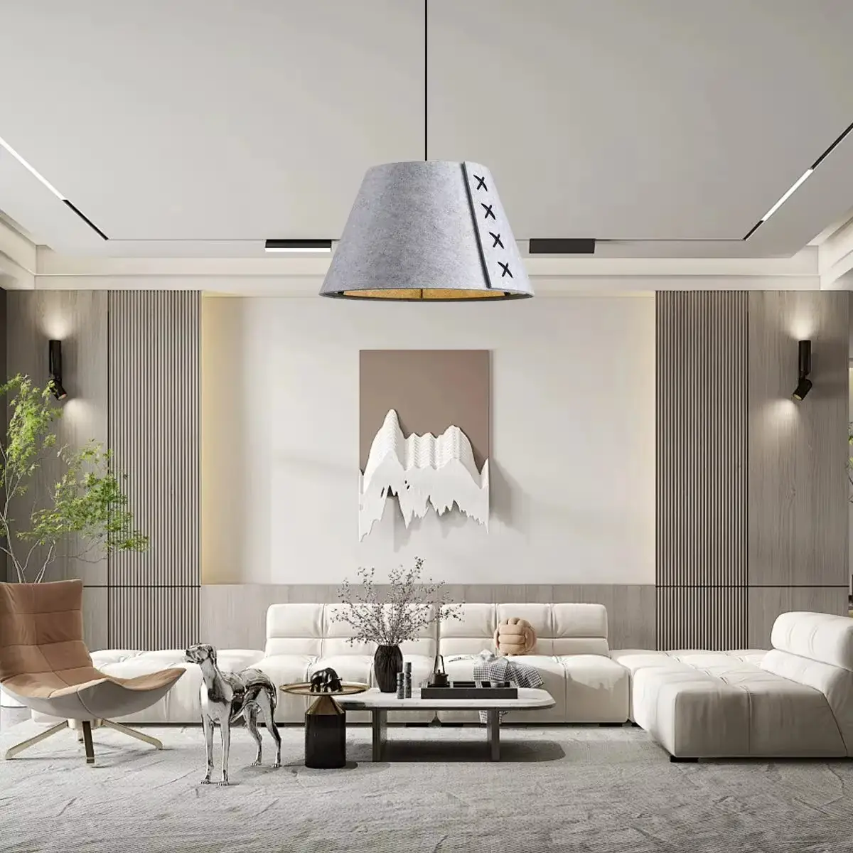 Ronde hanglamp met magazijnmotief en panelen van gerecycled PET-akoestisch vilt voor de woonkamer. 1