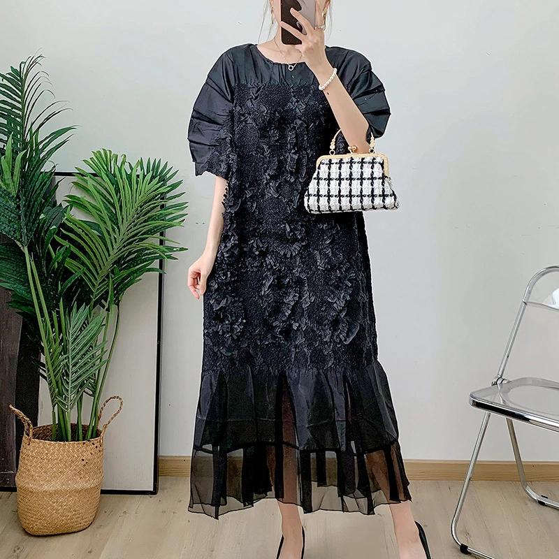Großhandel Damen Plissee Geprägte Bestickte Midi Kleid 1