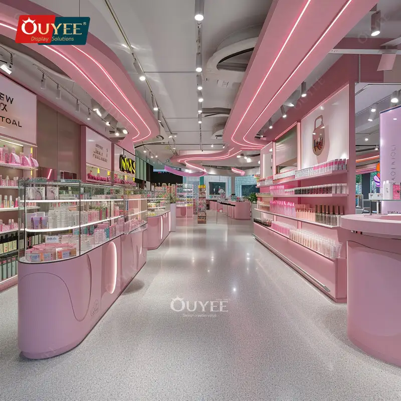Expositor de cosméticos e perfumes com luz LED para prateleiras de lojas de perucas. 1