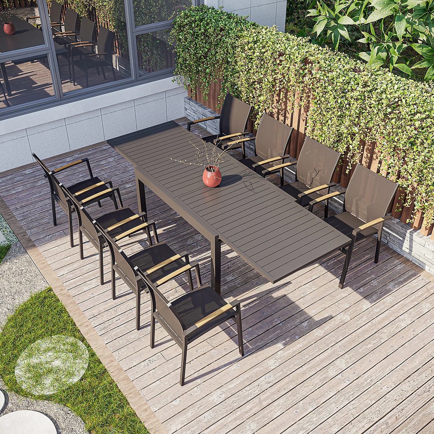 Ensemble de salle à manger d'extérieur moderne et simple comprenant une table et des chaises de jardin extensibles. 1