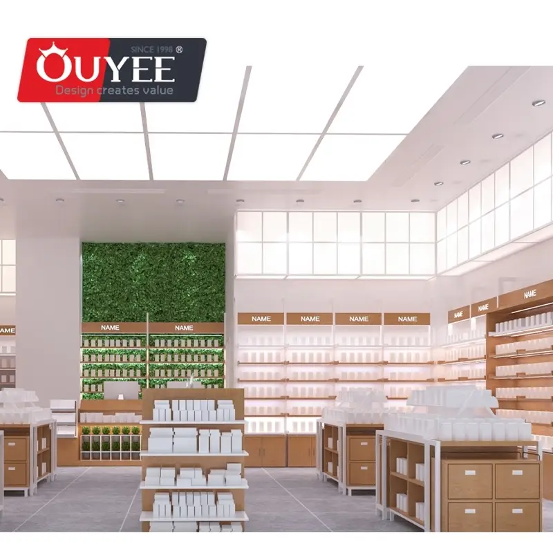 Expositores de madeira para farmácia e vitrine de vidro 1