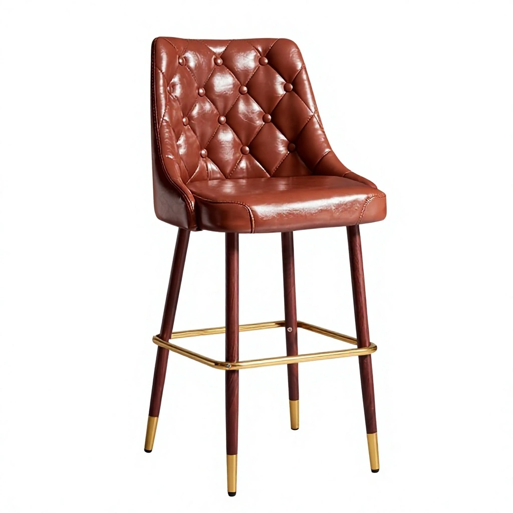 High Back Leather Bar Stool with Swivel and Wood Legs 1