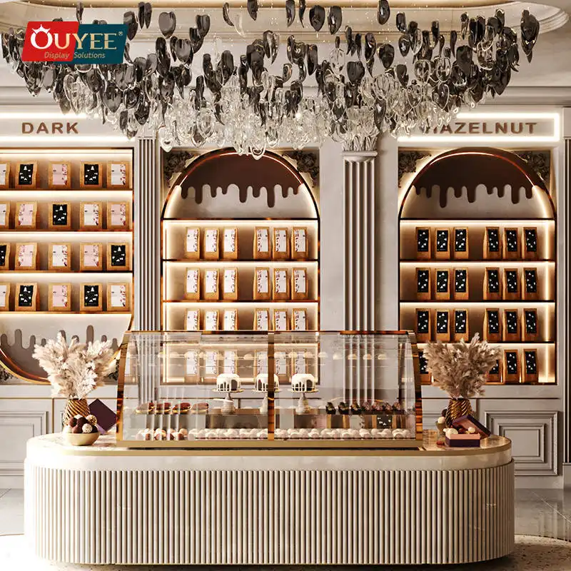 Vetrina espositiva in legno con bancone in vetro per negozi di caramelle e cioccolato. 1