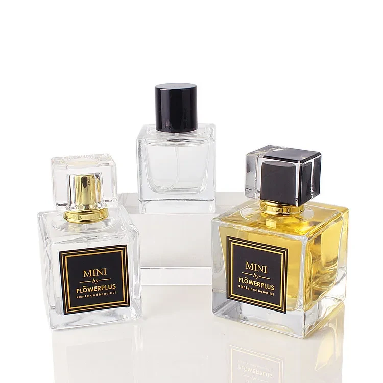 Clear Square Glass Perfume Bottle with Black Lid - Refillable & Engraved 1