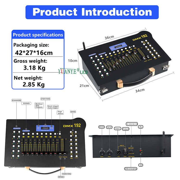 高品質のワイヤレスDMX512コントローラープラグインパワー192チャンネルステージライトDMXコンソールYY-DMX015 10