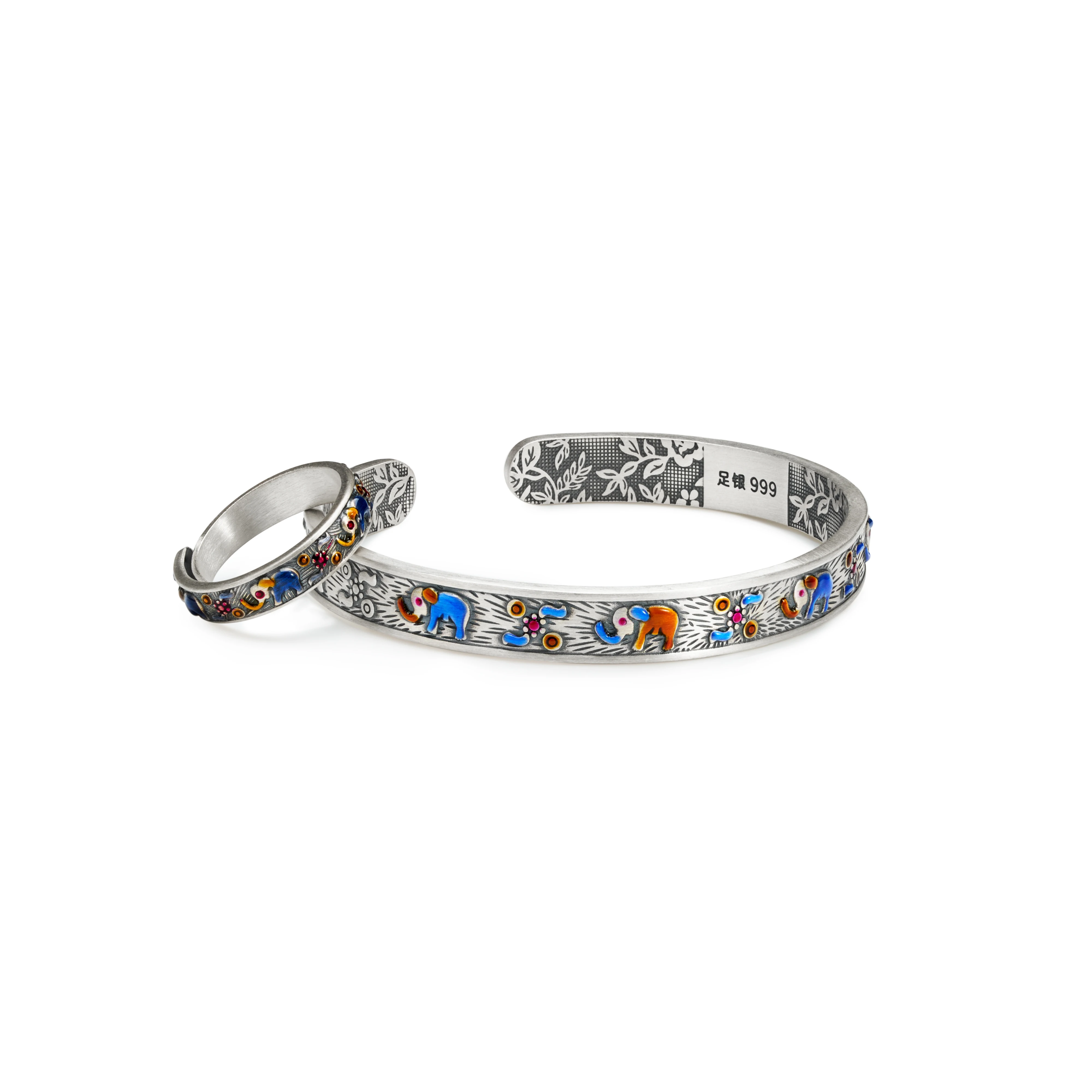 Altamente elogiato 999 Elefante d'argento puro - Anello di rima e braccialetto, antico artigianato Deerwhisper YLA250408 1