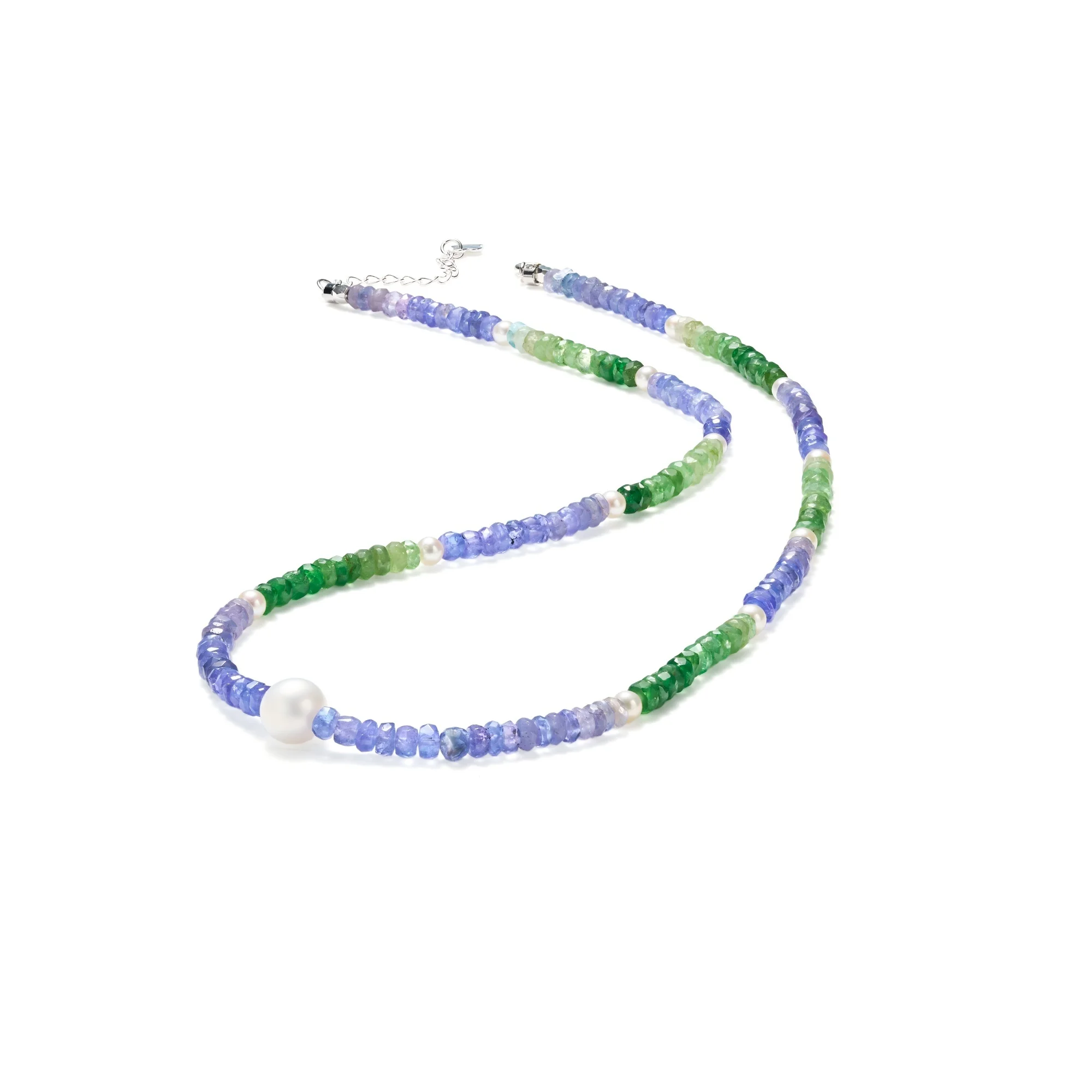 Deerwhisper Tanzanite Tsaverite & Pearl Silver Clasp Necklace XLA250703 1