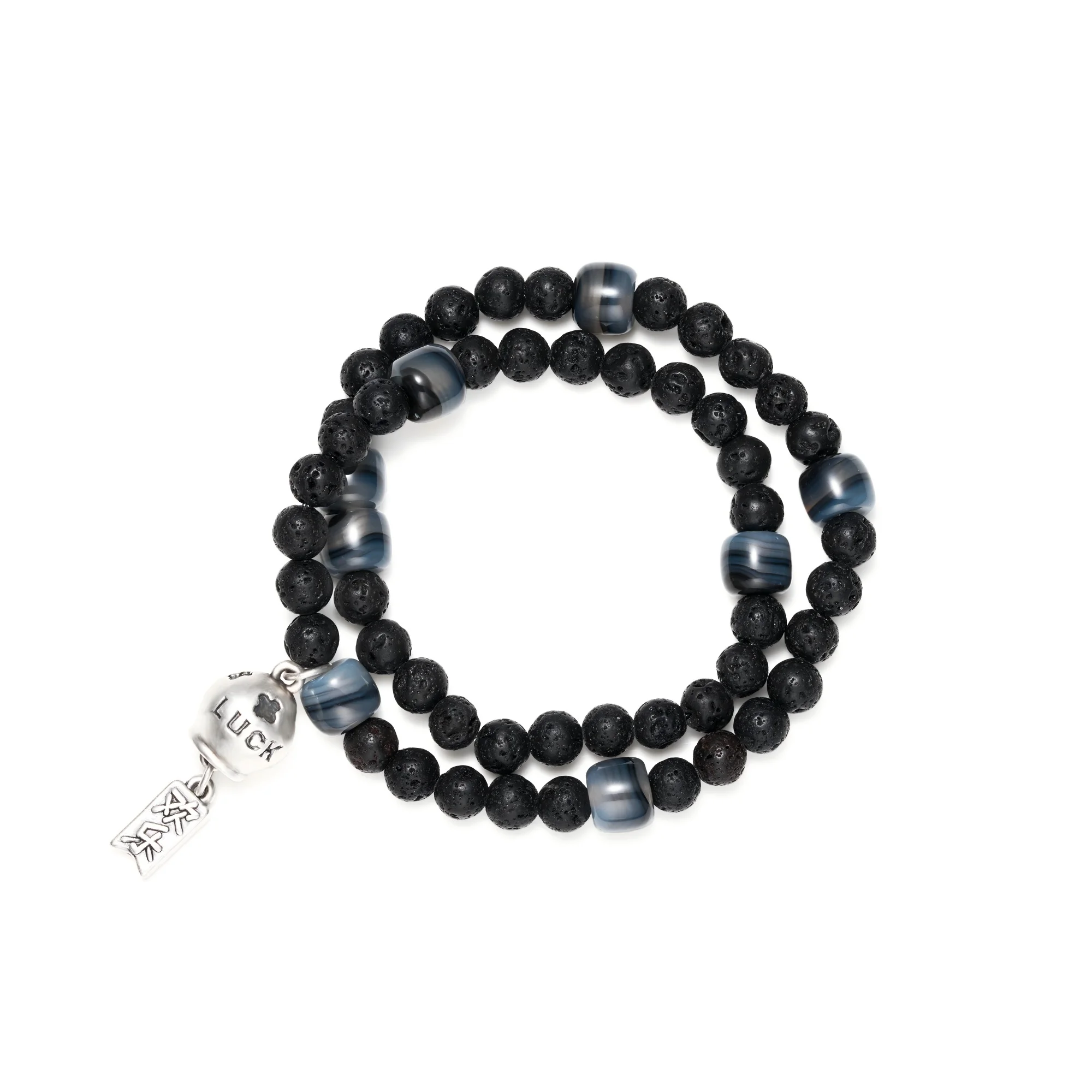 Deerwhisper Lava Rock & Agate Double Strand Silver Bracelet YSA250604 1