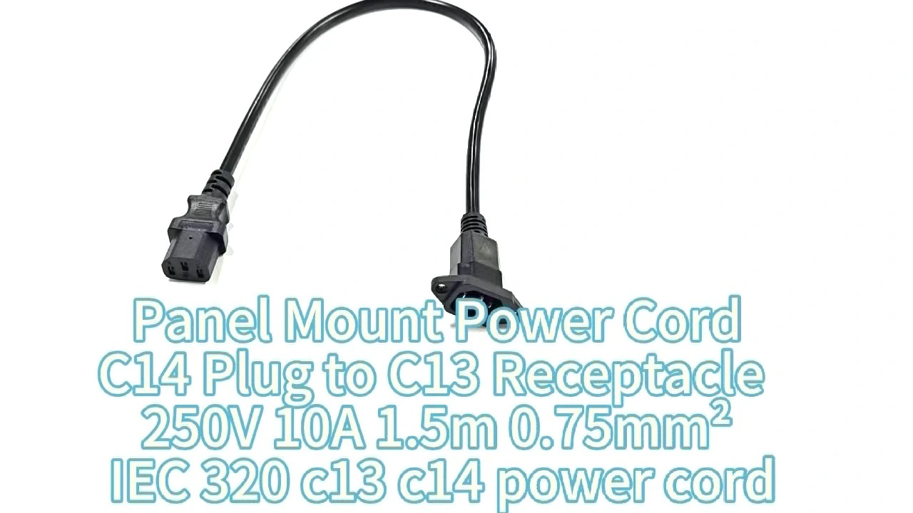 Panel Mount Power Cord C14 Plug to C13 Receptacle 250V 10A 1.5m 0.75mm² CL3 Rated iec 320 c13 c14 power cord 1