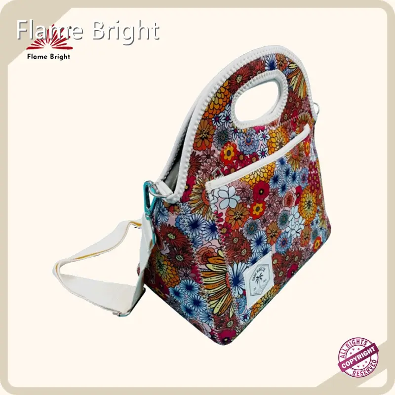 Video showing the practical use of the heat transfer neoprene lunch bag, including adjusting the strap and placing a bottle in the side compartment.