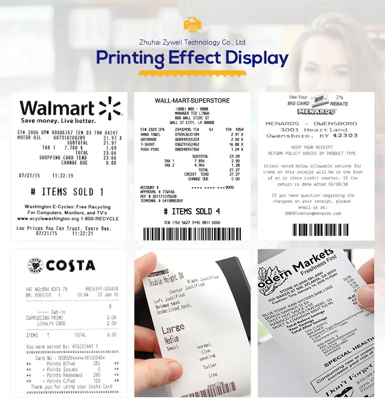 ZYWELL - Custom multifunction printer receipts 80mm 58mm thermal printer with receipts paper roll ZYWELL ZY303 USB+LAN 10