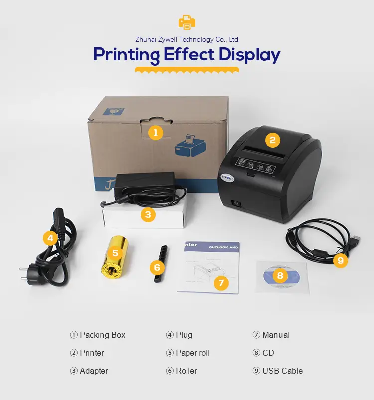 ZYWELL - Custom multifunction printer receipts 80mm 58mm thermal printer with receipts paper roll ZYWELL ZY303 USB+LAN 16