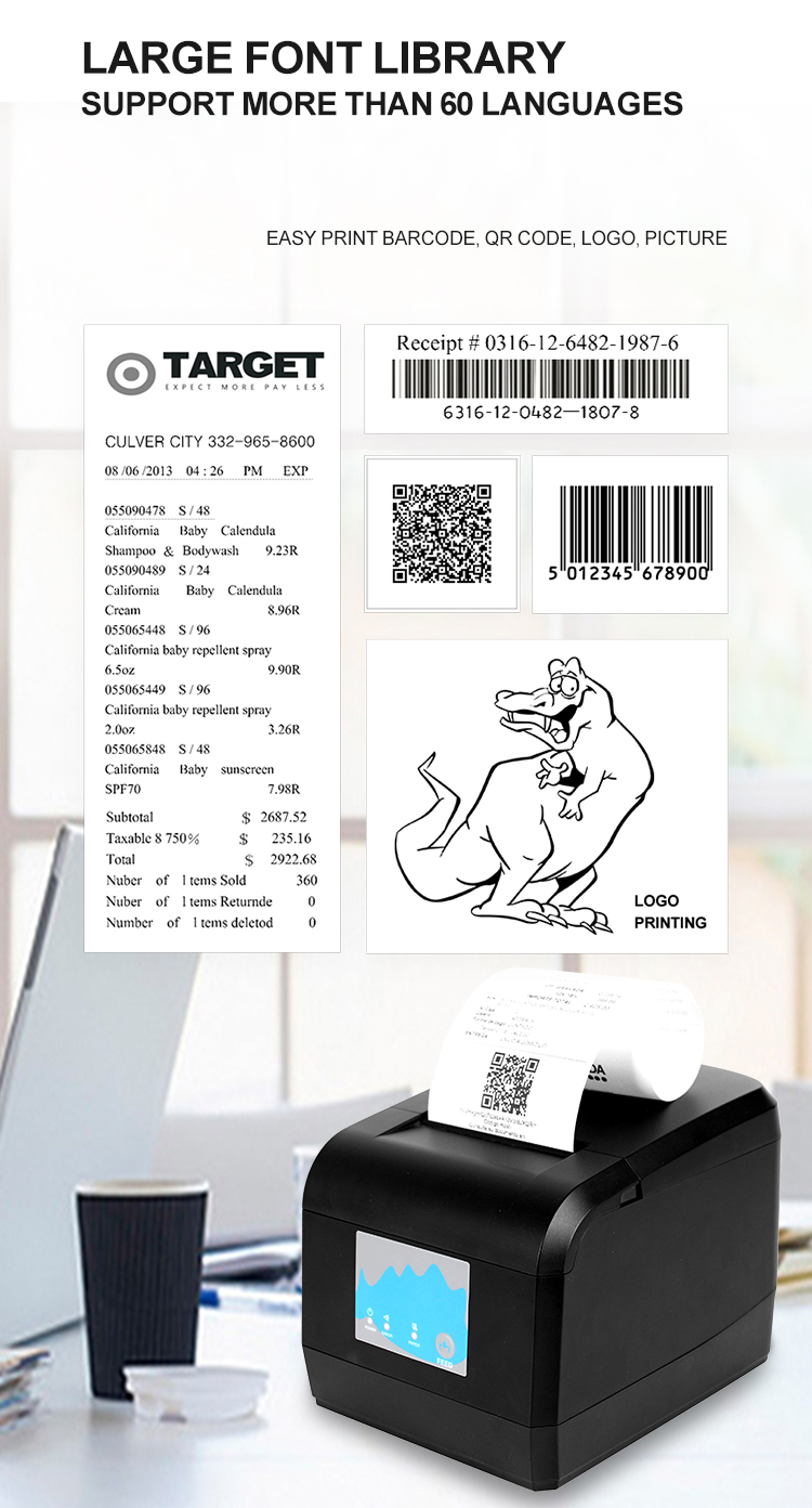 ZYWELL - New square shopify receipt printer and cash drawer port factory OEM 80mm thermal bill printer USB 15