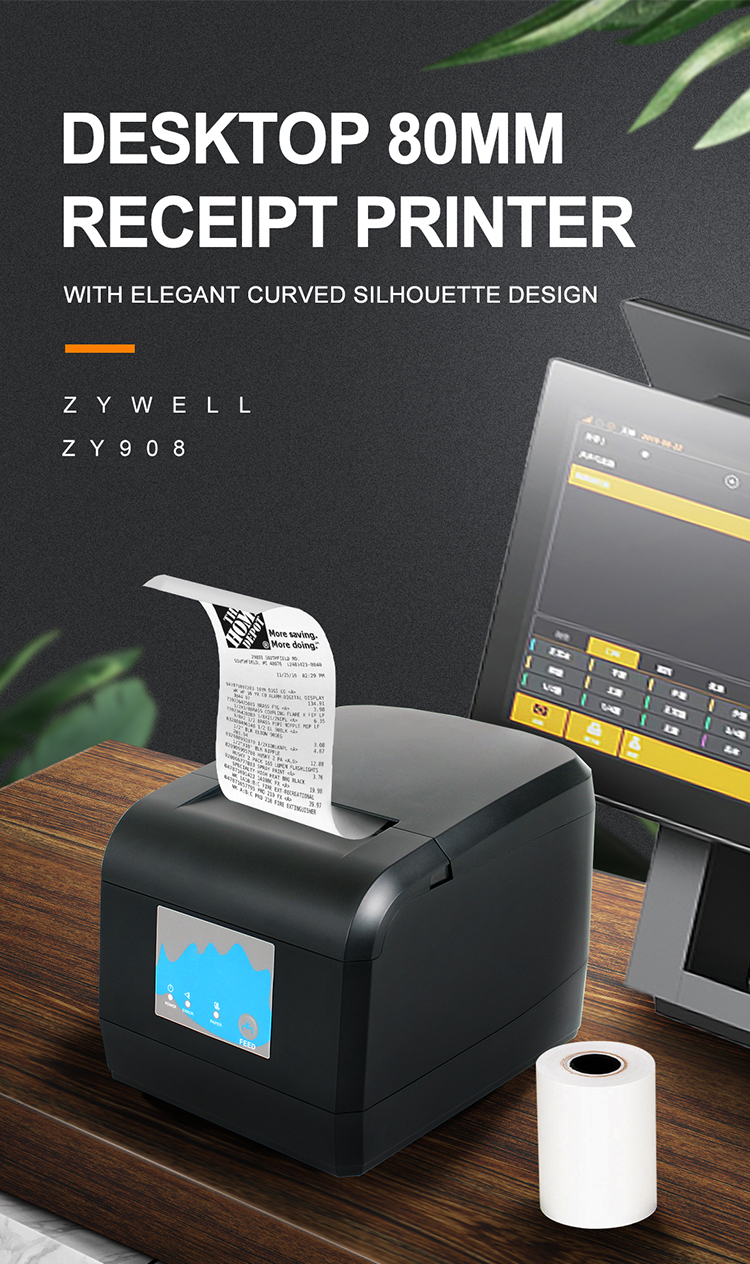 ZYWELL - New square shopify receipt printer and cash drawer port factory OEM 80mm thermal bill printer USB 9
