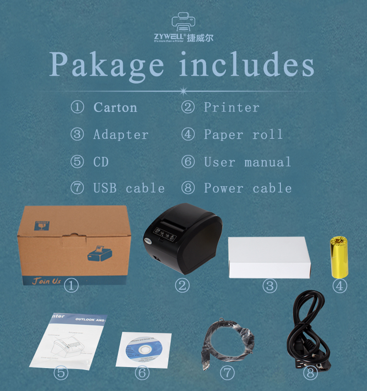 ZYWELL - Zywell Kitchen Printer ZY606 thermal printer with bluetooth 80mm 58mm thermal receipt printer USB+RS232+LAN+BT 18