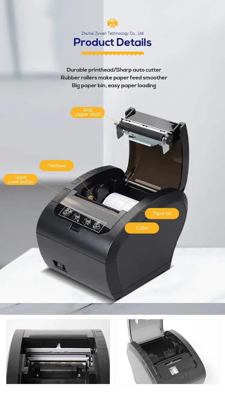 ZYWELL - Custom multifunction printer receipts 80mm 58mm thermal printer with receipts paper roll ZYWELL ZY303 USB+LAN 13