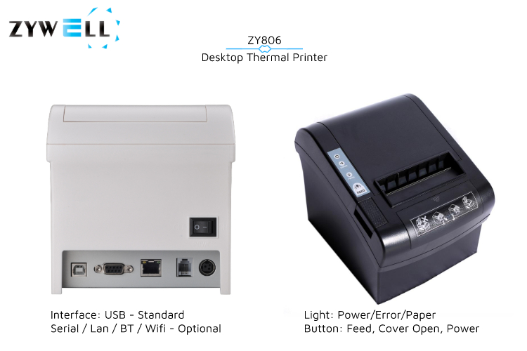 ZYWELL - ZY806 Desktop 3inch Bluetooth Thermal Receept Printer 80mm White Billing Mesin Tiket Printer Desktop 80 Penerimaan Printer 10
