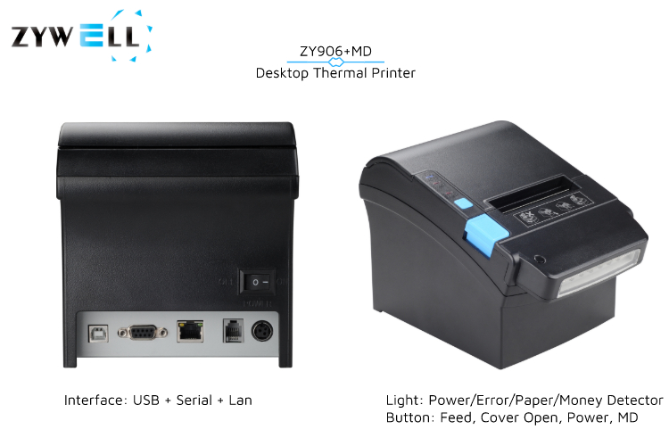 Zywell - 80 mm Impresora de Tickets Impresore Boletas mit Gelddetektor Licht Wärmequittung Drucker USB+RS232+LAN 10